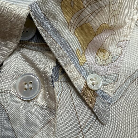 HERMES Vintage Face au Large Margiela Blue Ivory Silk Blouse FR48 Women XL 16 18 - Picture 14 of 16